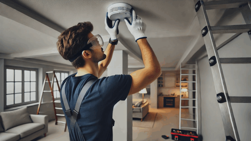 Technician-replacing-smoke-alarm