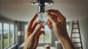 A technician changing a light bulb close-up